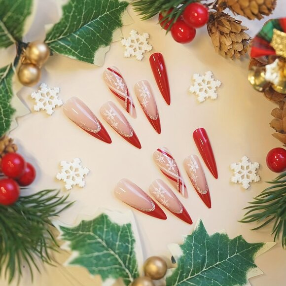 24pcs Christmas Press On Nails Set Long Almond Shape, Red & White with Snowflake - Picture 4 of 8